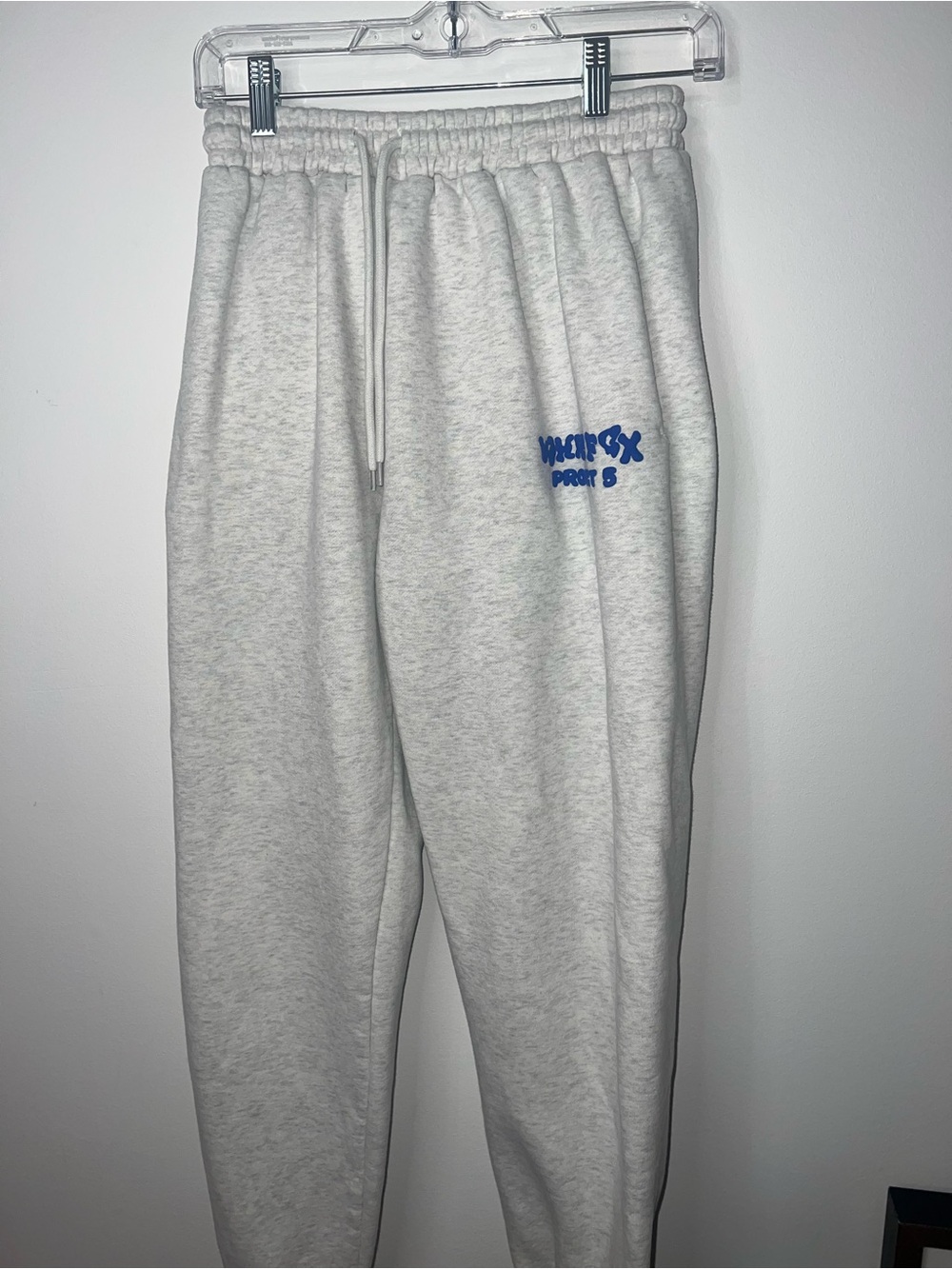 White Fox Boutique Light Gray Track Joggers with Blue Logo